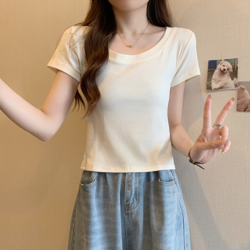 實拍  40支純棉 2024夏裝大圓領高腰短款純色T恤女短袖