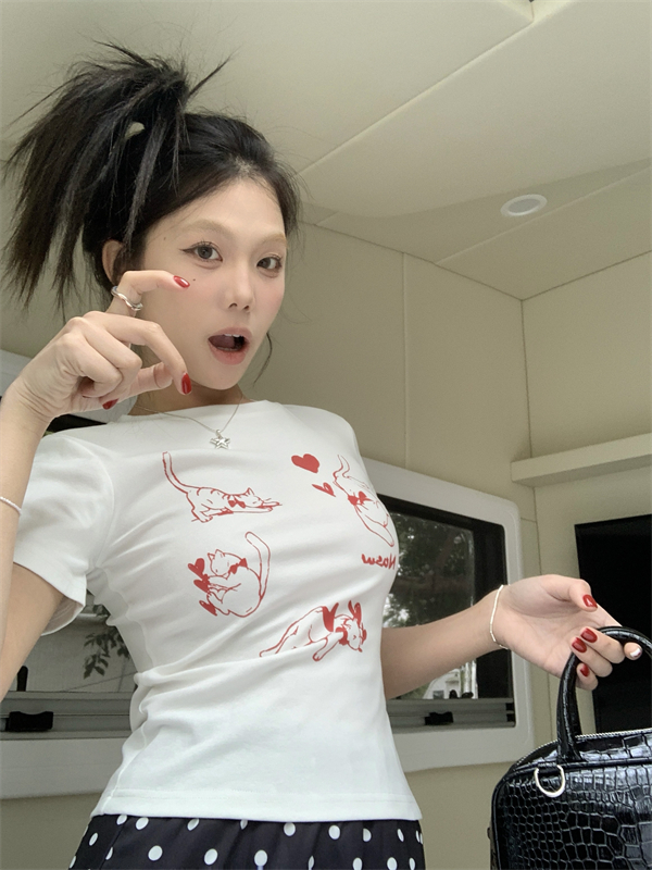 實拍~韓系百搭慵懶貓咪印花短袖上衣T恤
