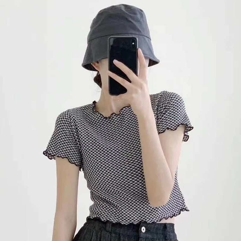 2024夏季新款韓版氣質修身黑白格子木耳邊短袖上衣女