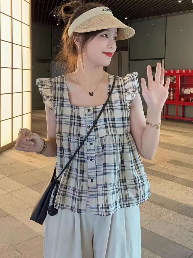 辣妹2024短款新款碎花方領雪紡格子小衫法式飛飛袖夏裝短袖露臍