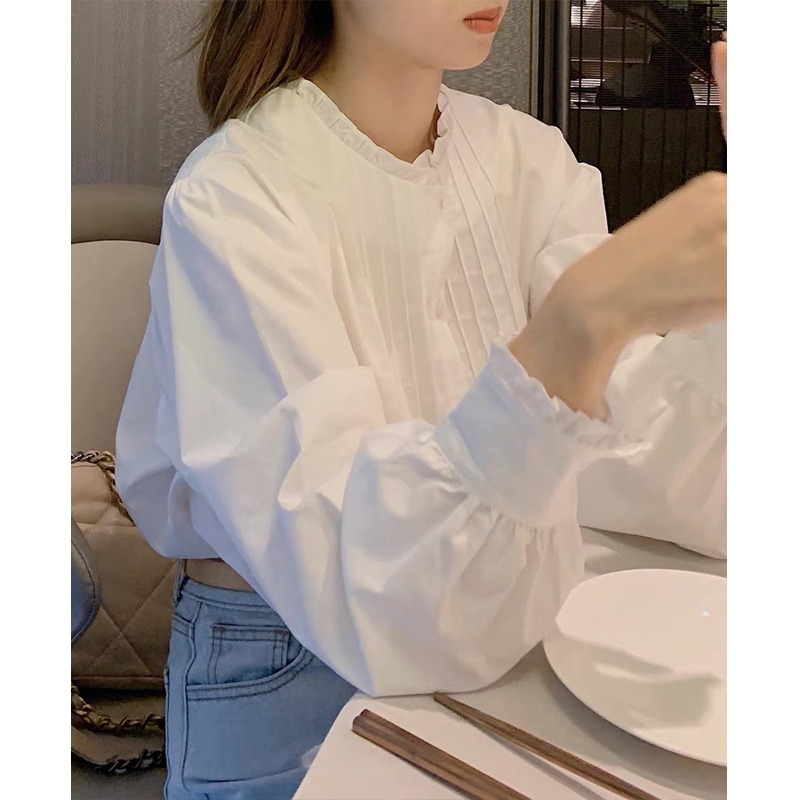 木耳邊白色襯衫女春設計感小眾寬鬆洋氣時尚立領上衣氣質打底襯衣