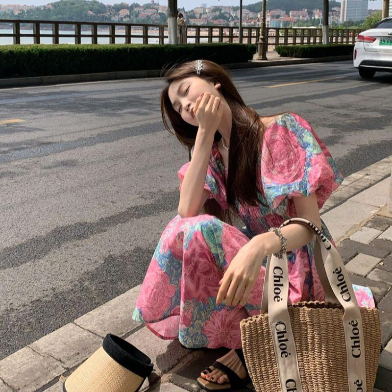 韓國夏季新款大玫瑰風名媛一字領泡泡短袖鬆緊腰碎花顯瘦連衣裙