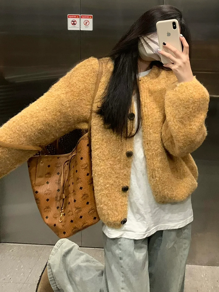 軟糯慵懶風黃色針織開衫毛衣女初春裝2024新款小個子短款寬鬆外套