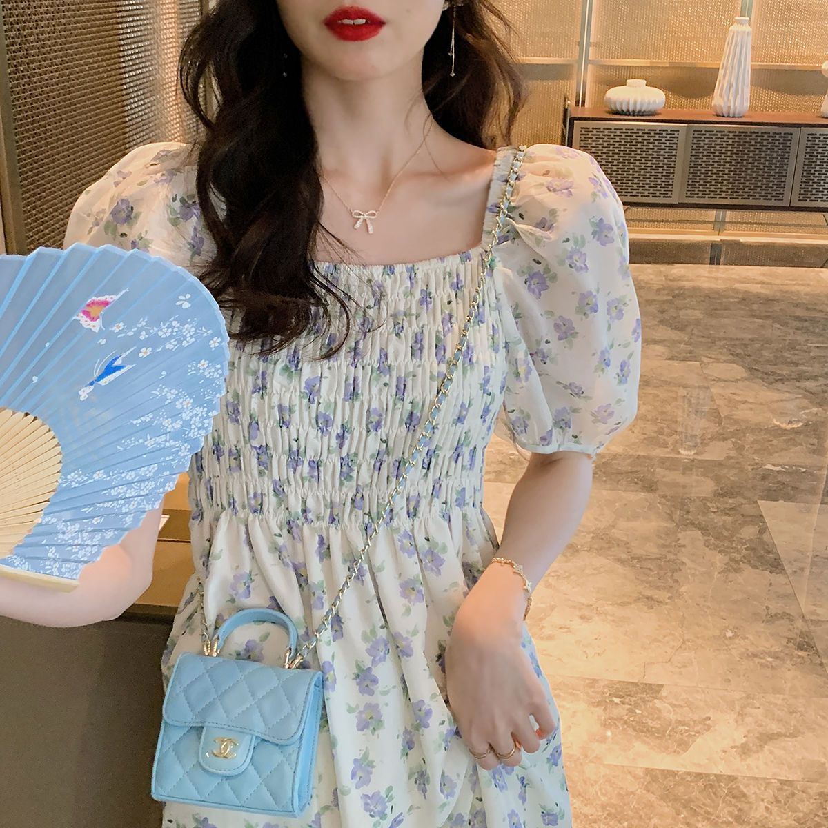 法式方領碎花泡泡袖連衣裙女夏顯瘦感休閒設計小個子溫柔風長裙子