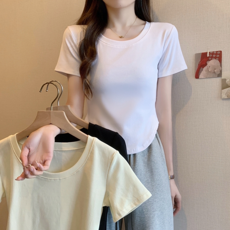 實拍  2024夏裝性感純欲風T恤奶黃色辣妹短袖女