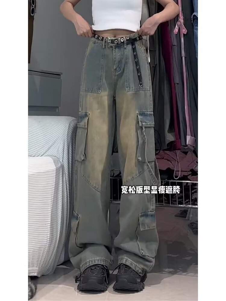美式辣妹高街復古工裝牛仔褲女春秋設計感寬鬆顯瘦高腰直筒闊腿褲