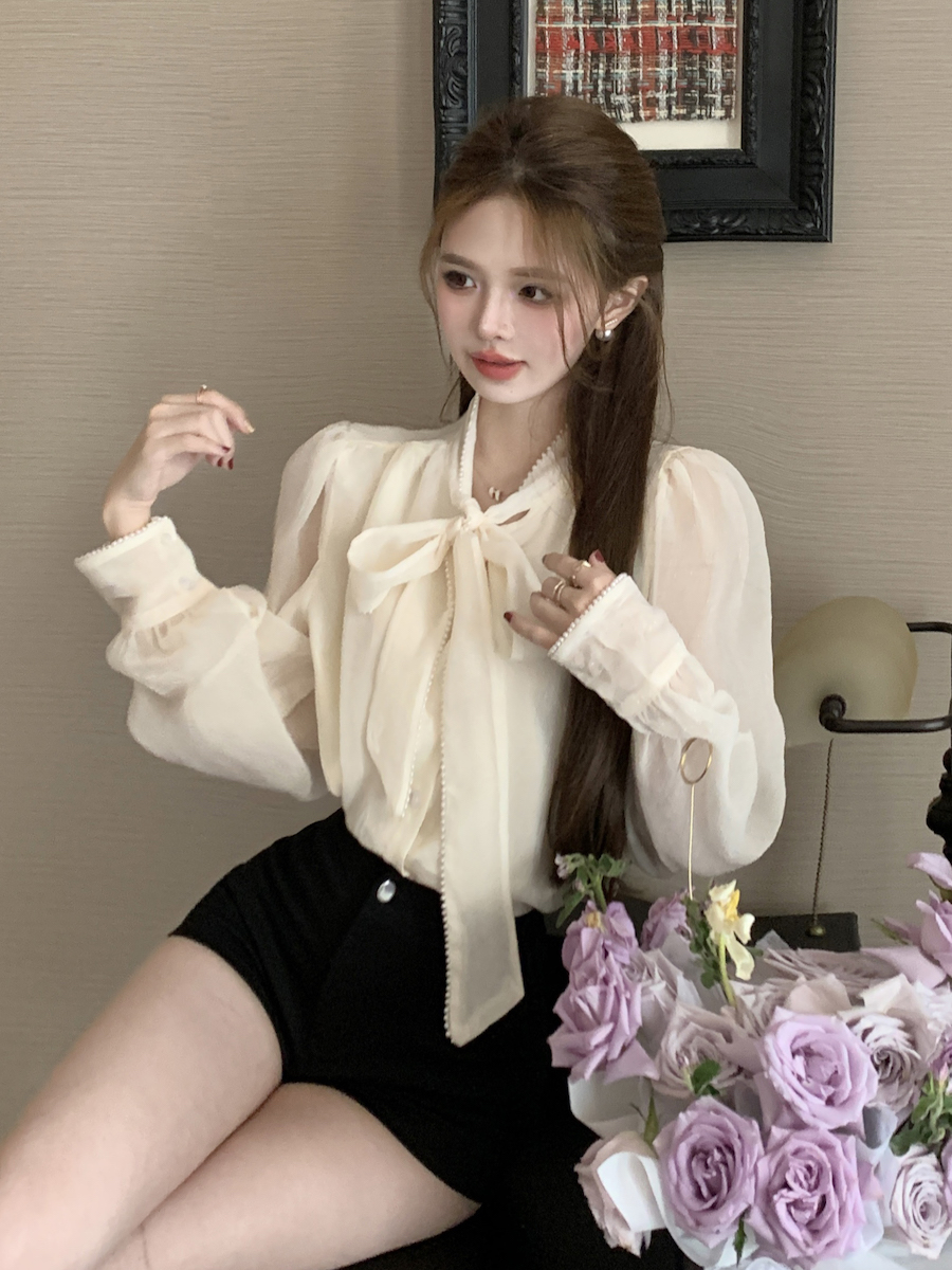 實拍 法式氣質蝴蝶結設計感內搭襯衫女春季新款修身顯瘦小眾上衣