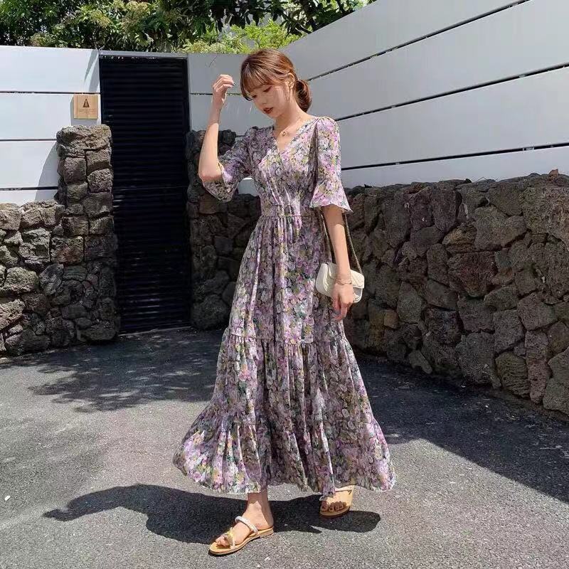連衣裙女夏季2024年新款碎花雪紡過膝長裙短袖韓版裙子超仙森系
