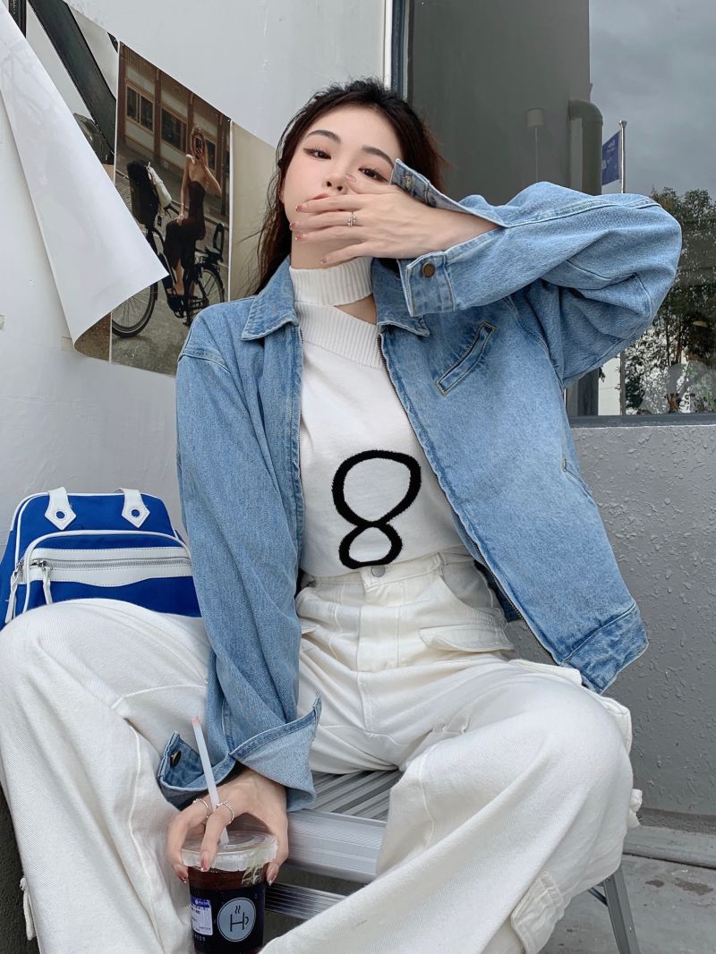 實拍三標齊寬鬆慵懶超酷拉鏈翻領牛仔外套女