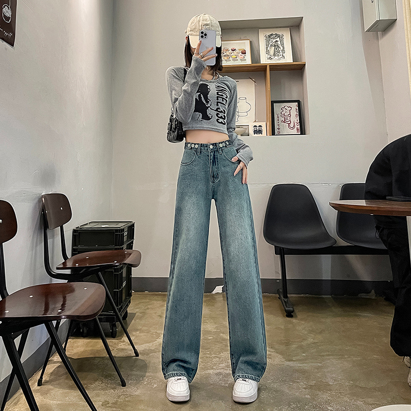 實拍2024春夏復古藍高腰闊腿寬鬆牛仔褲女顯高顯瘦拖地褲