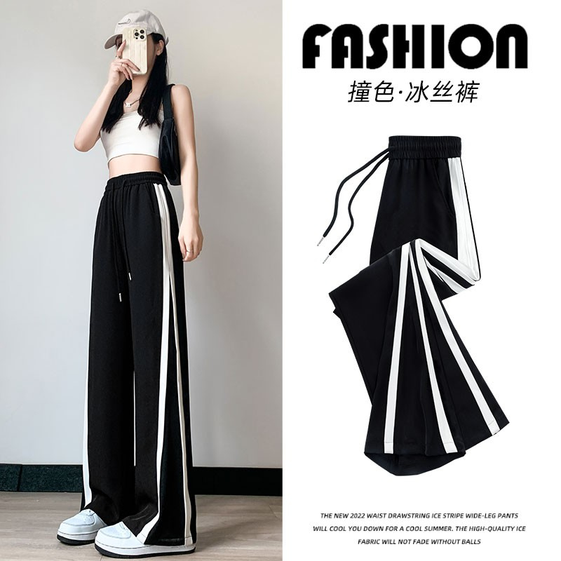 New black sports pants for women 2024 spring and summer casual straight fat mm slim black narrow wide leg pants summer