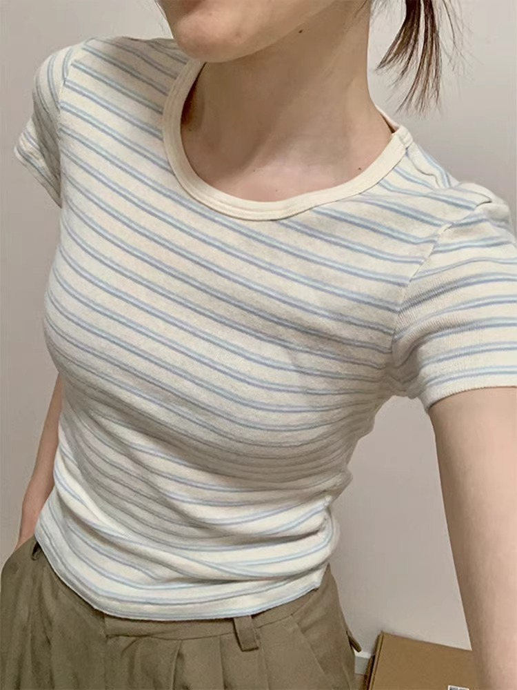 美式條紋短袖正肩t恤女夏季2024新款緊身辣妹短款上衣設計感