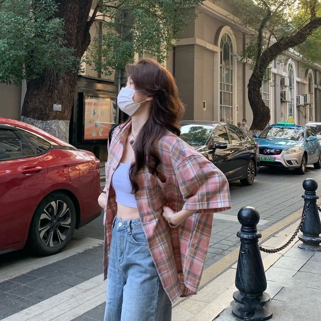 Pink Polo collar plaid short-sleeved shirt jacket women's summer design niche Japanese retro layering top trend