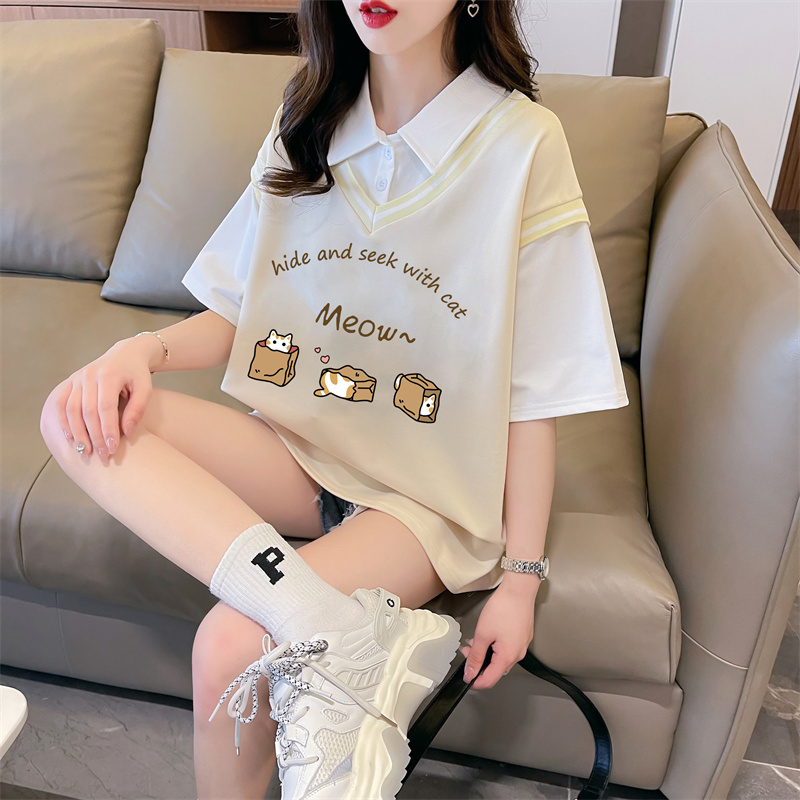 首發實拍斜紋拉架假兩件短袖T恤女夏新款寬鬆上衣潮牌質量