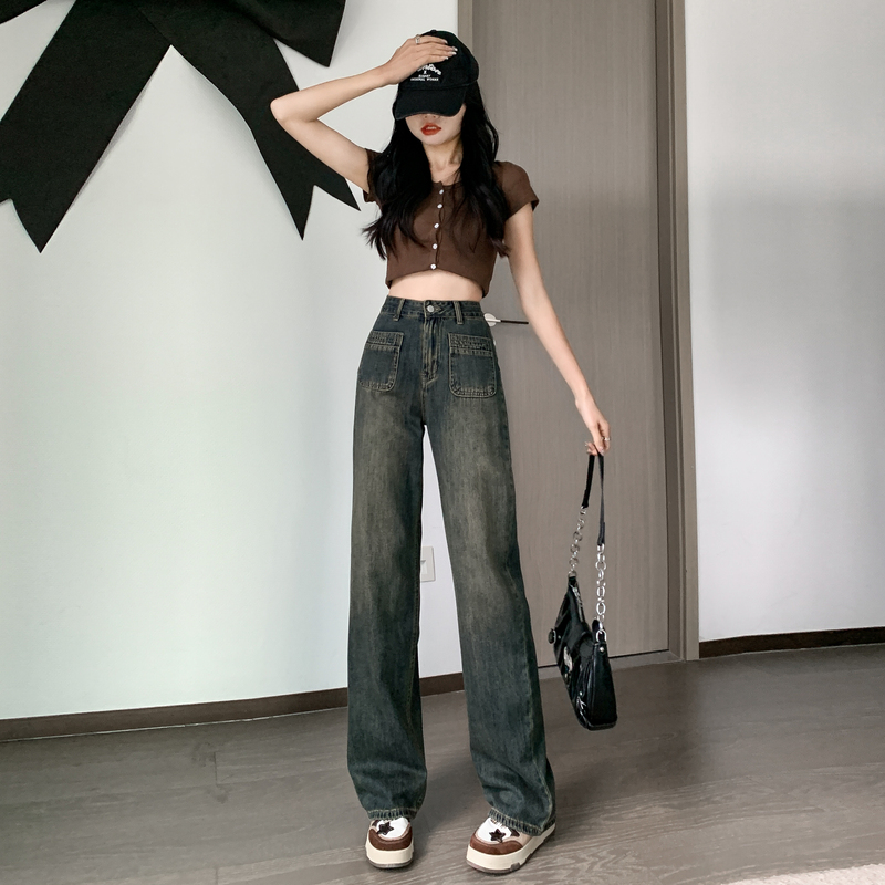 高腰闊腿牛仔褲女2024年春款前貼袋設計顯瘦寬鬆窄版直筒拖地褲子