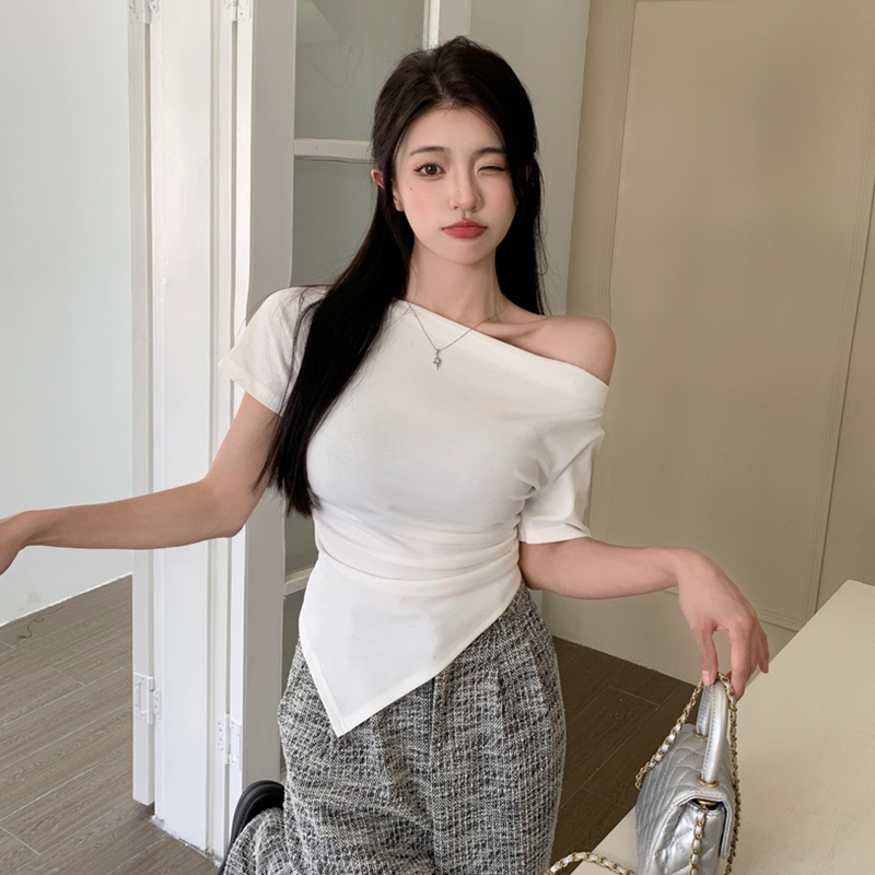 女款t恤短袖女夏一字肩不規則修身性感純欲漂亮白色上衣2024新款