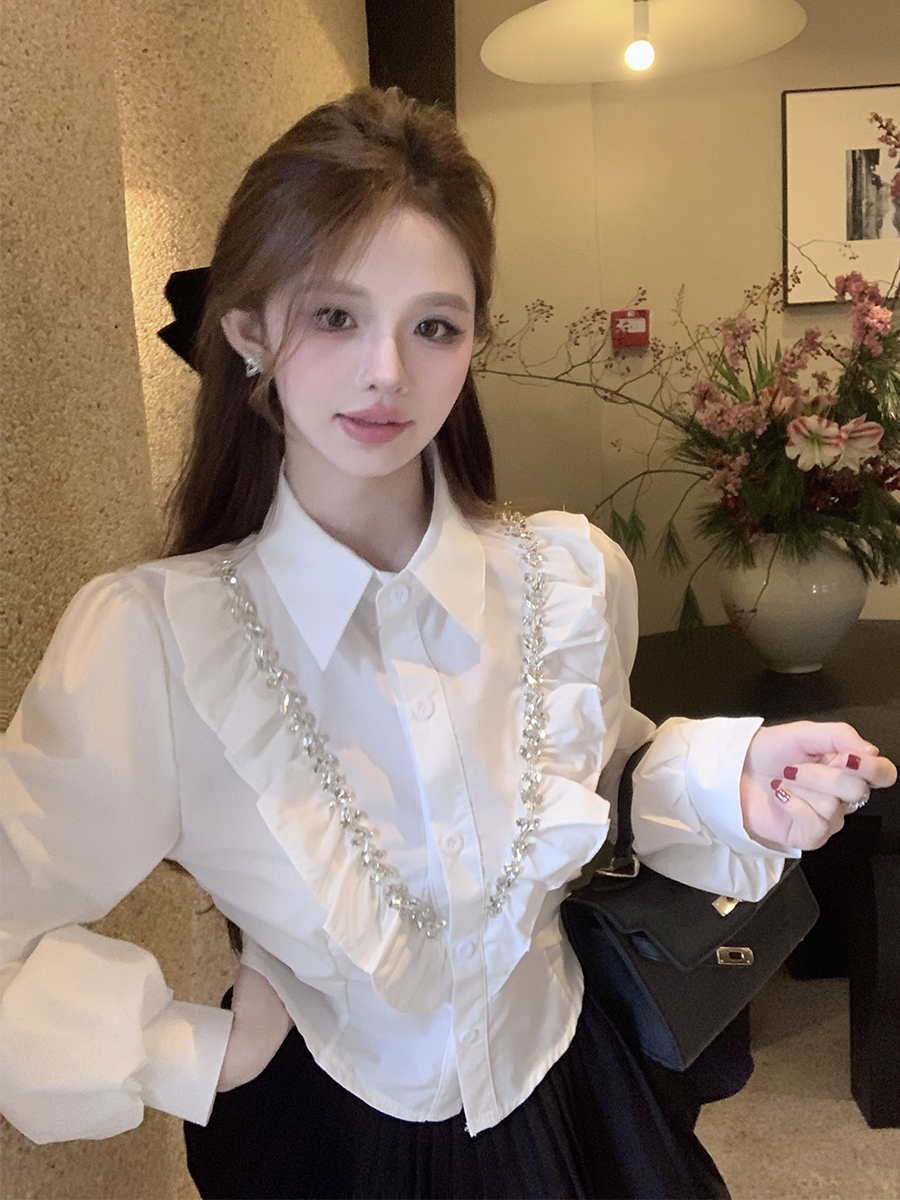實拍 高級感重工鑲鑽襯衫女春季法式短款泡泡袖襯衣荷葉邊上衣