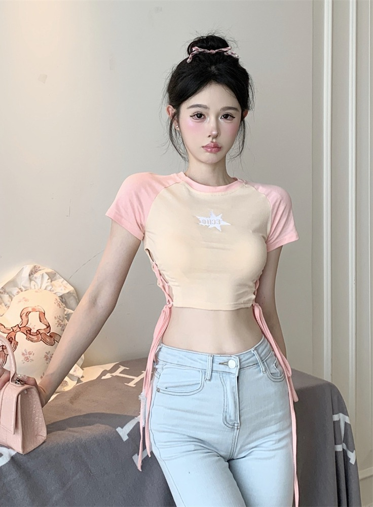 純欲風辣妹綁帶短袖T恤女夏季修身顯瘦性感露臍短款上衣ins潮
