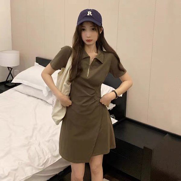 polo領連衣裙夏季韓版新款顯瘦不規則中長款可鹽可甜短袖裙子