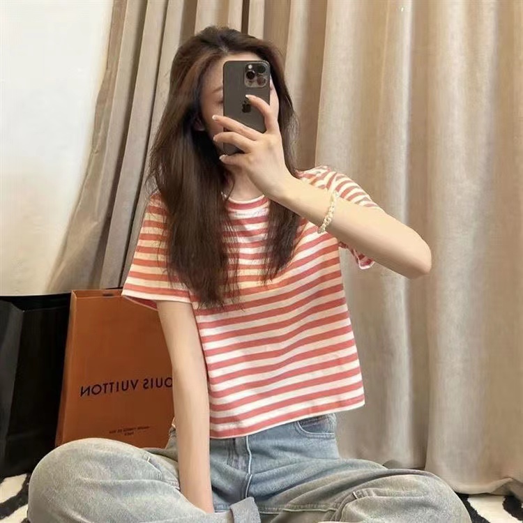 春夏韓版百搭條紋正肩修身撞色設計感短袖T恤女上衣