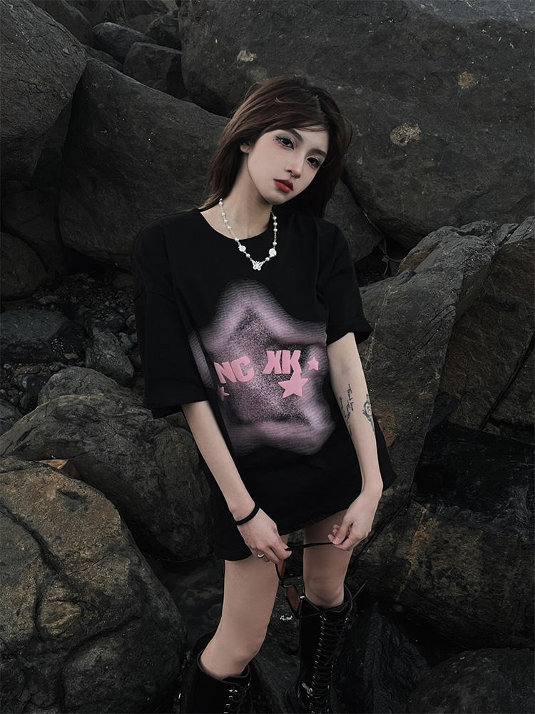 美式復古五角星煙霧塗鴉黑色短袖t恤女夏季寬鬆百搭情侶上衣體恤