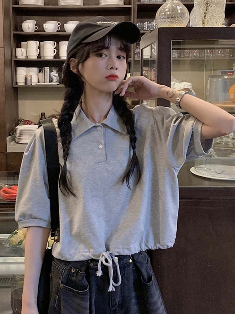 短袖ins潮女打底衫韓版復古POLO領設計感小眾灰色t恤顯瘦短款上衣