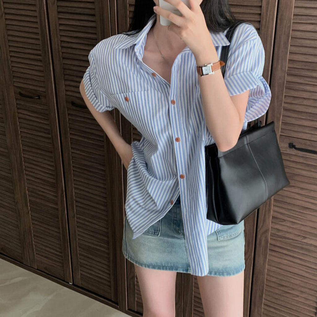 尺碼更新韓國chic新款條紋翻領短袖襯衫女寬鬆氣質休閒襯衣
