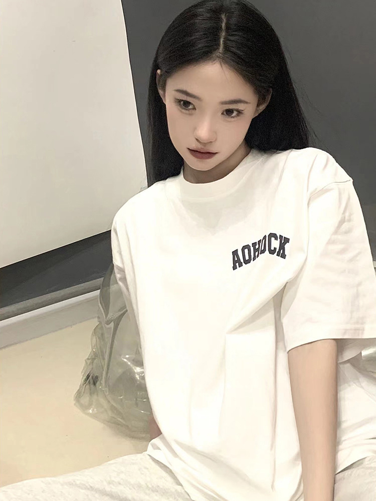 美式復古白色字母短袖t恤女純棉寬鬆設計感小眾港風chic別致上衣