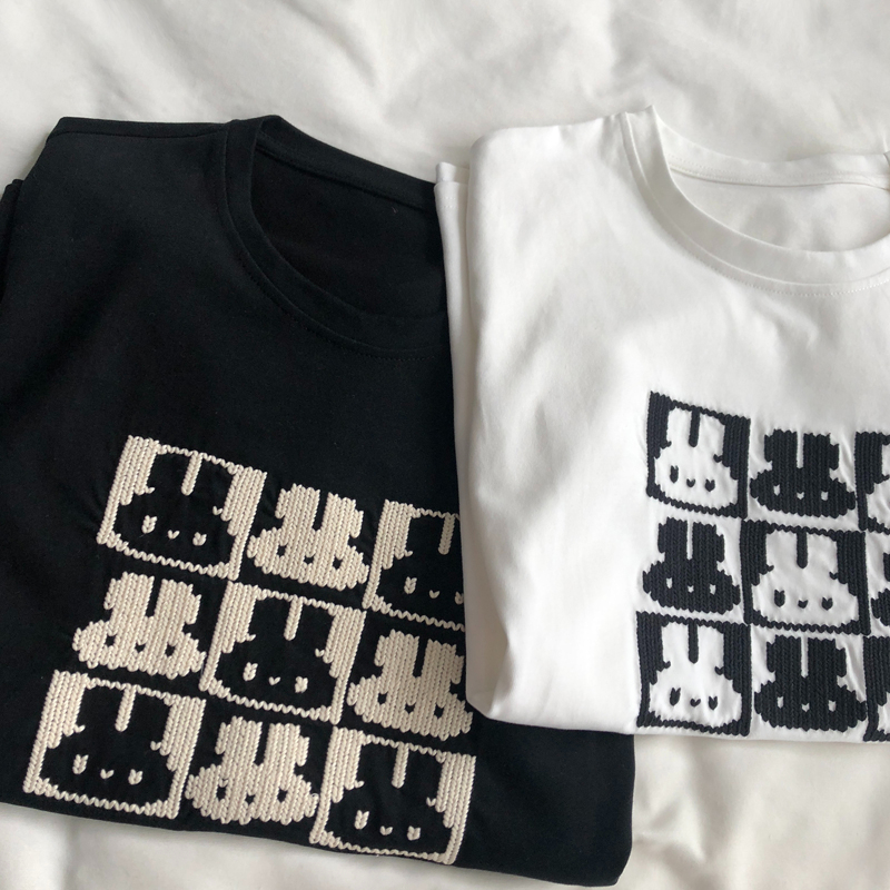 純棉後包條200克精梳緊密 新款短袖t恤女刺繡兔子 天貓質量