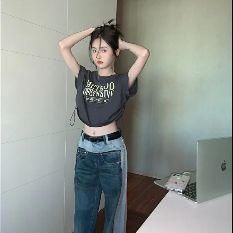 純棉 美式復古短袖女夏季收腰短款露臍下擺抽繩上衣