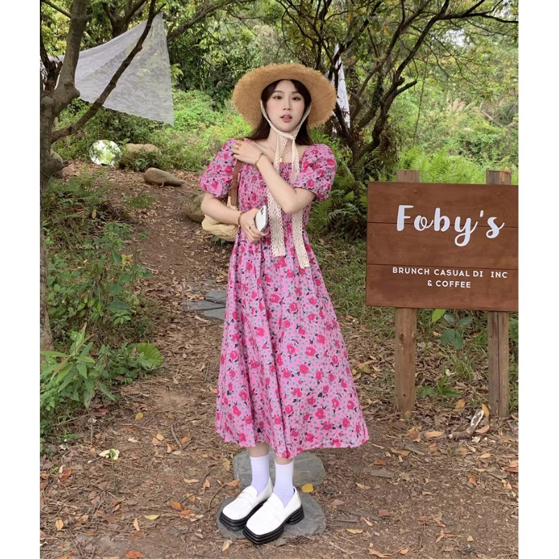 原版做工法式方領泡泡袖碎花裙女夏季收腰顯瘦超仙甜美c連衣裙
