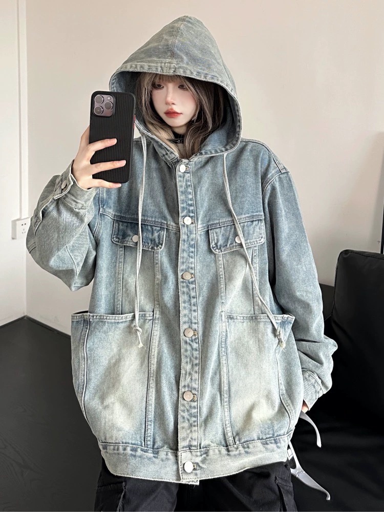 大碼美式復古做舊水洗牛仔外套女胖mm春秋寬鬆bf風情侶夾克上衣潮