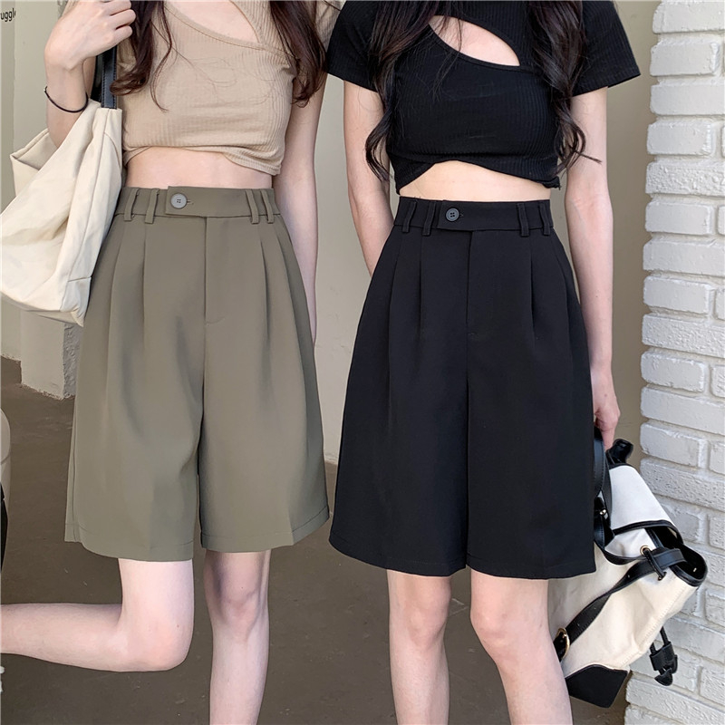 Five-point wide-leg pants for women, spring and summer Korean version 2024 new high-waist slim black loose straight casual pants ns