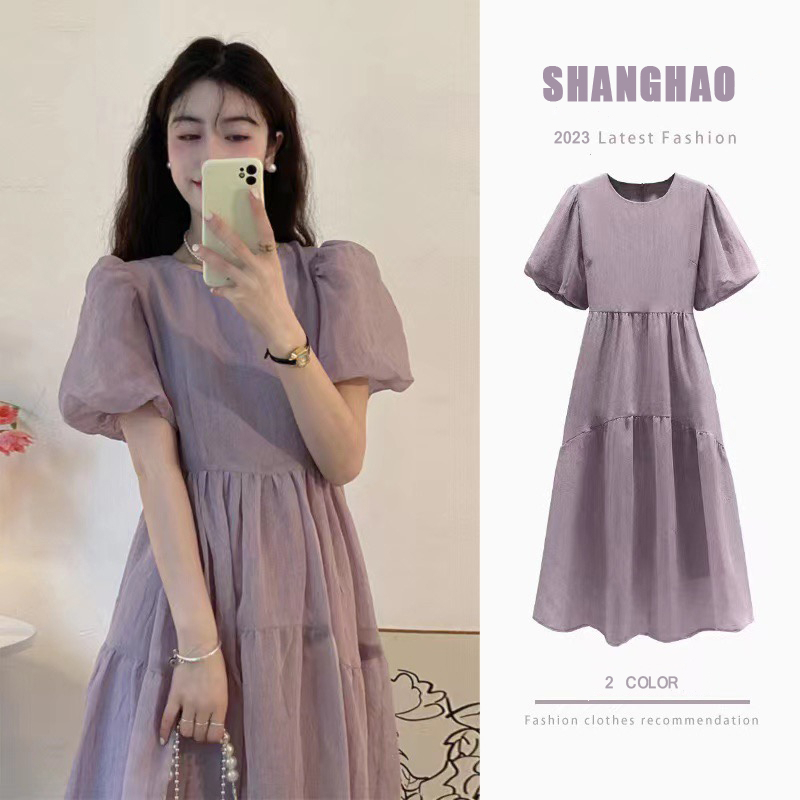 Puff sleeve dress for women summer 2024 new French style age-reducing waist slimming mid-length short-sleeved skirt