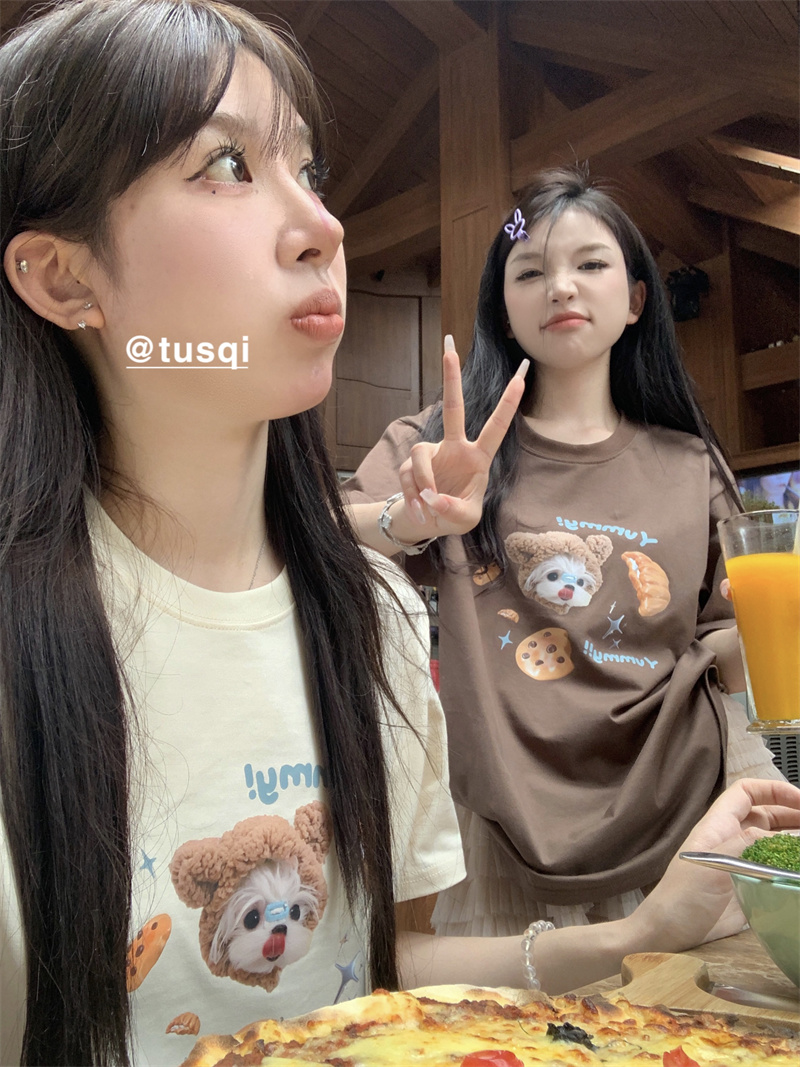 實拍可愛小狗甜美印花閨蜜短袖T恤