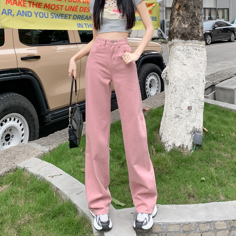 髒粉闊腿牛仔褲女2024春季新款寬鬆顯瘦辣妹直筒長褲/加長