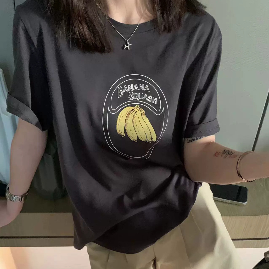 香蕉字母印花寬鬆韓版休閒短袖T恤女套頭純色白色tee