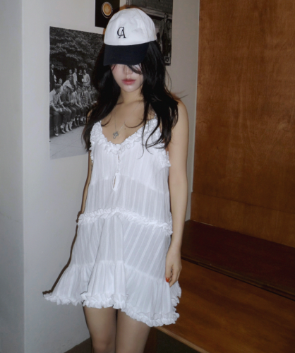 Korean chic spring V-neck temperament fungus cotton jacquard suspender dress
