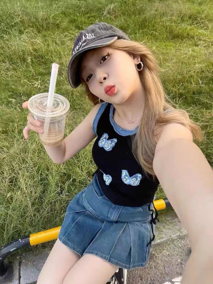 純棉設計感小眾2024夏季新款美式復古側邊綁帶蝴蝶貼布背心上衣女