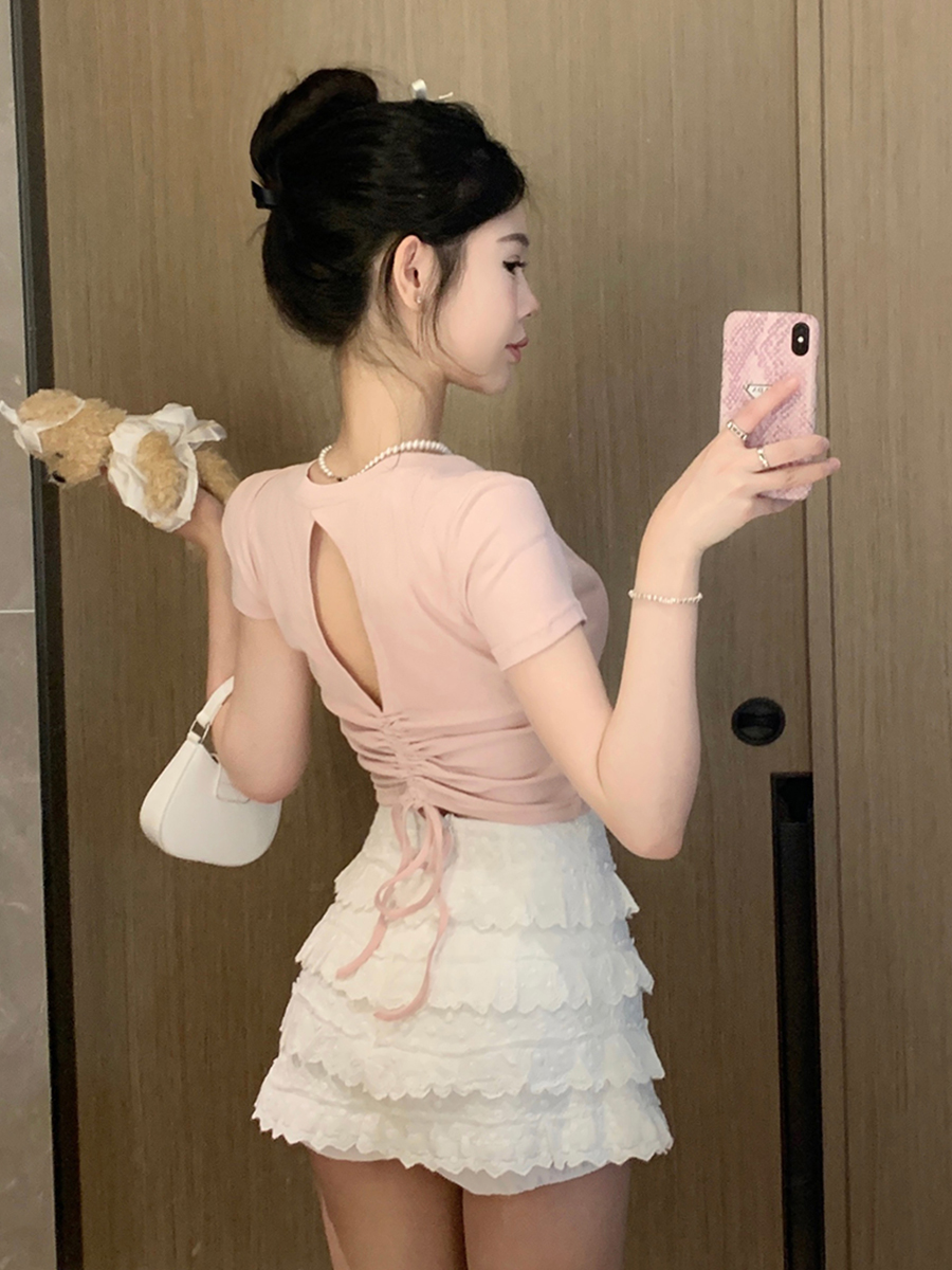 實拍  正肩袖圓領後背系帶簡約風T恤女
