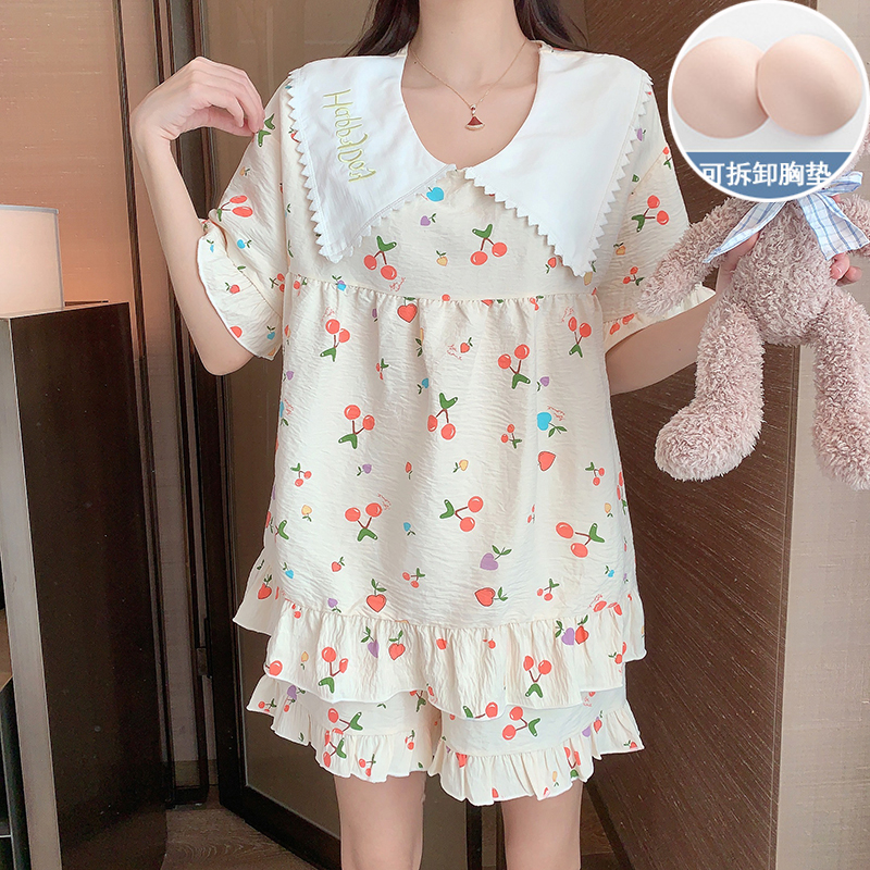 實拍夏季韓版新款睡衣女梭織雲朵棉公主風短袖短褲甜美家居服套裝