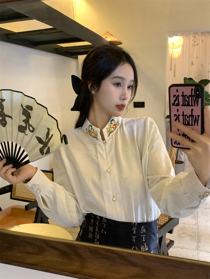 實拍~白色新中式國風長袖襯衫春2024新款重工刺繡立領上衣
