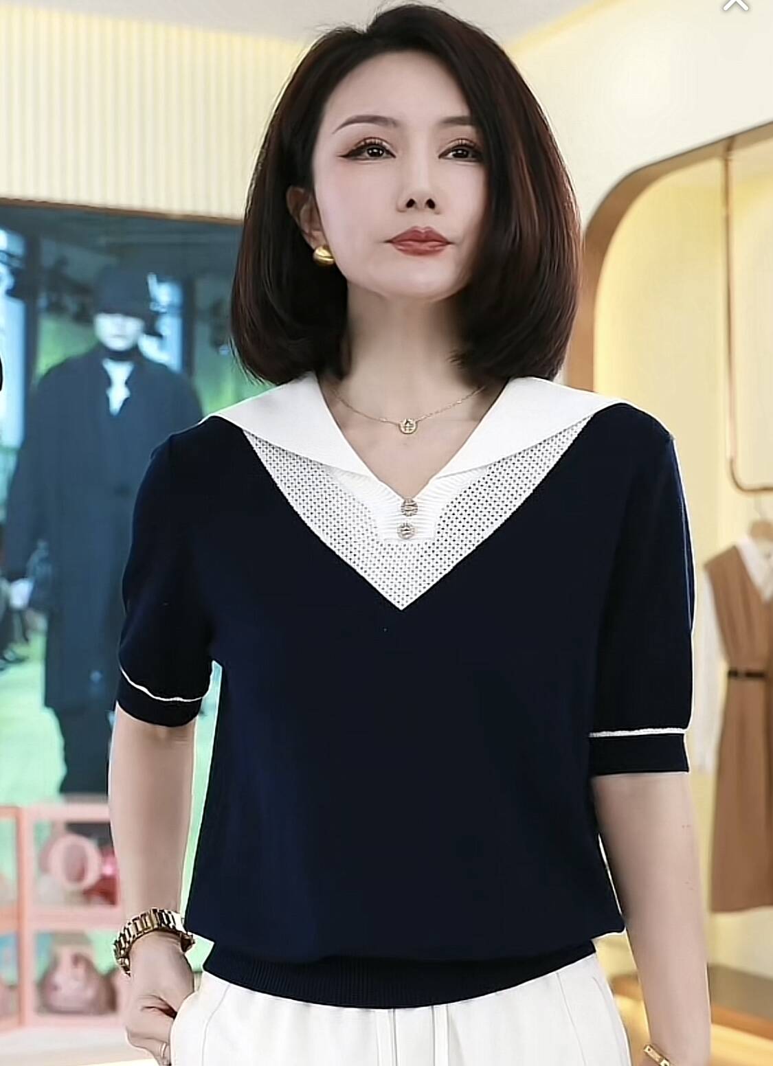 千韻伊然夏季時尚氣質拼色v領寬鬆顯瘦針織上衣