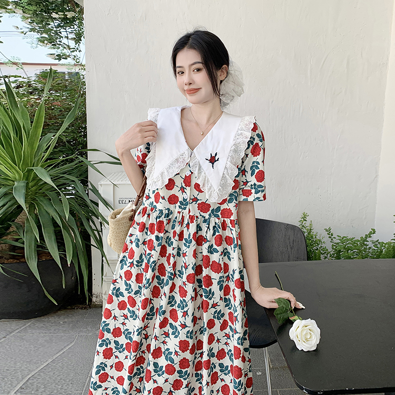 實拍~2024大碼女裝韓版休閒櫻桃繡花娃娃領連衣裙胖mm百搭連衣裙