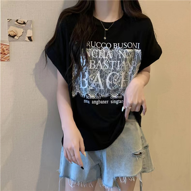 實拍~大碼微胖短袖t恤女寬鬆重磅設計感獨特高級感蕾絲上衣
