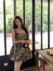 Real shot of black and gold butterfly jacquard suspender dress, high-end pinch waist, puffy birthday dress, short skirt