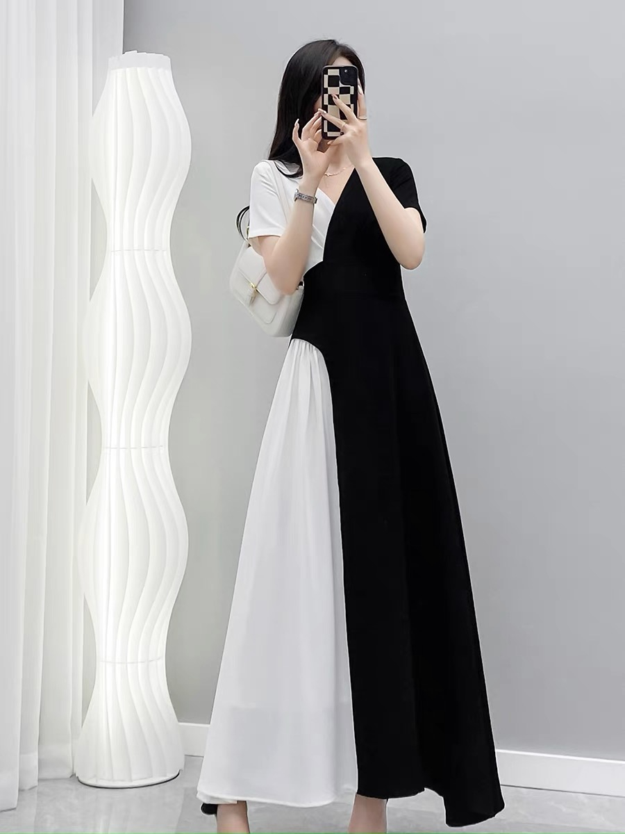 Summer women's clothing 2024 new light luxury celebrity waist dress contrasting color stitching fashionable temperament long skirt for women