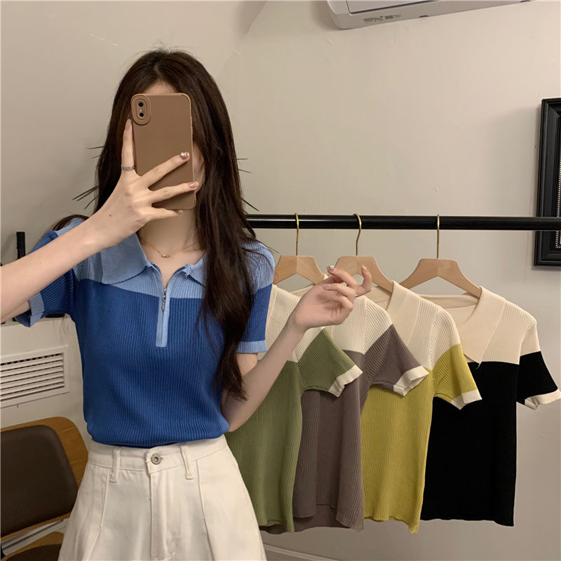 polo領拉鏈針織短袖T恤女夏季新款洋氣復古顯瘦拼色體恤港味上衣