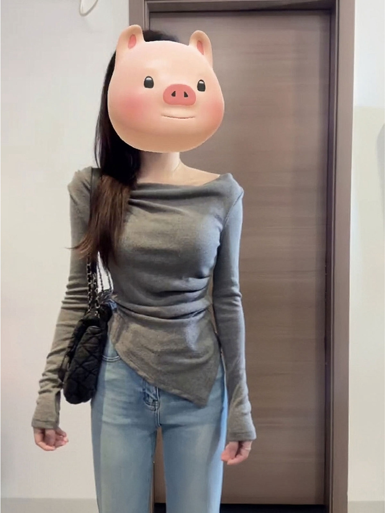 不規則一字肩打底衫女春秋純棉內搭修身顯瘦露肩辣妹長袖t恤上衣