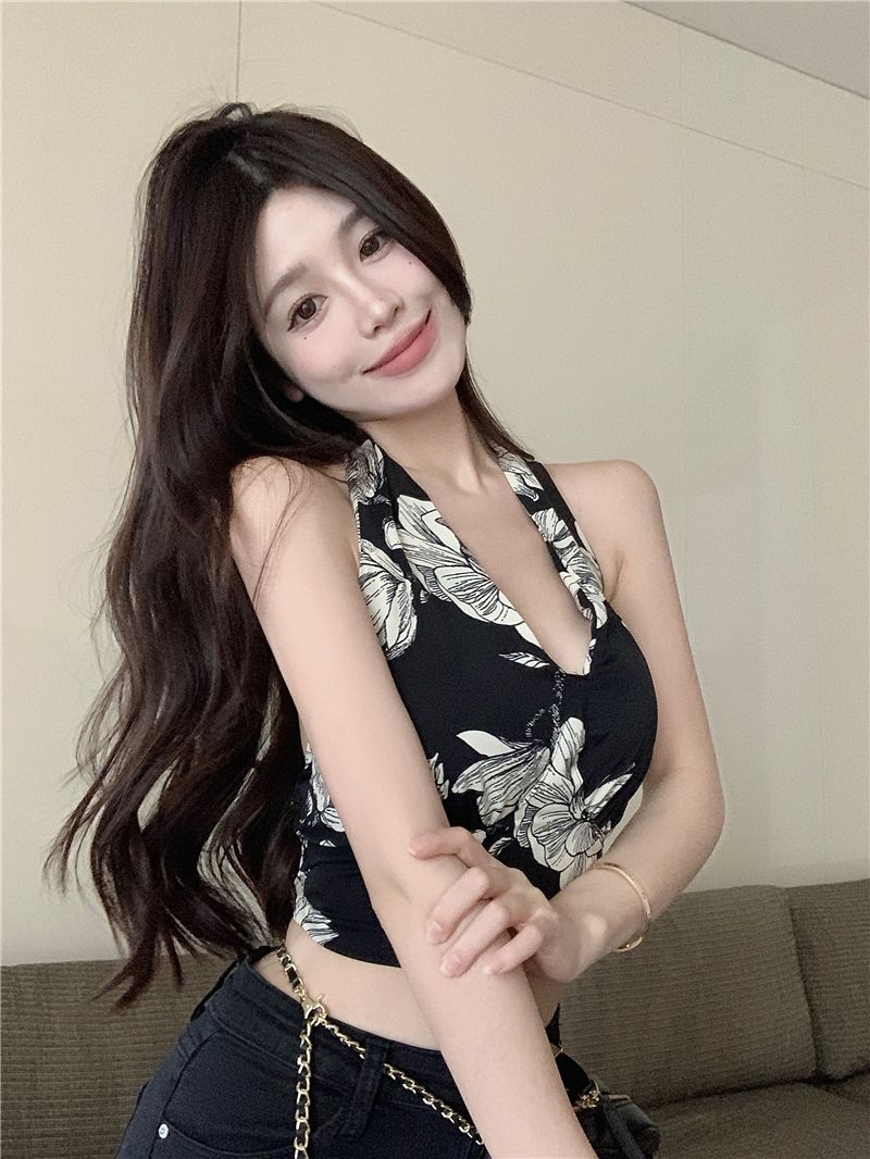 實拍 辣妹設計感掛脖綁帶印花背心純欲短款吊帶上衣